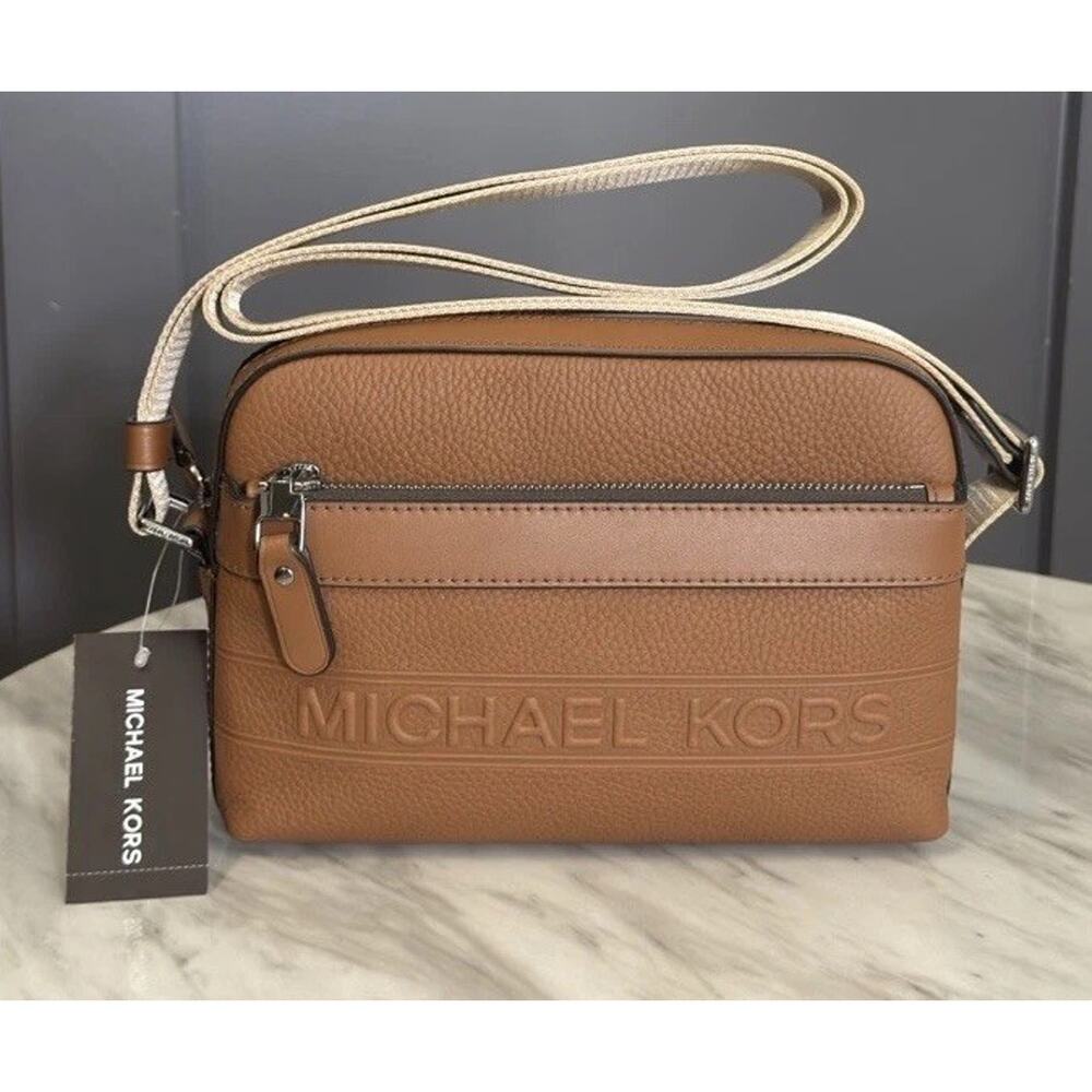 NWT Michael Kors Hudson Brown Luggage EW Utility Xbody Bag with Pebbled Zipper